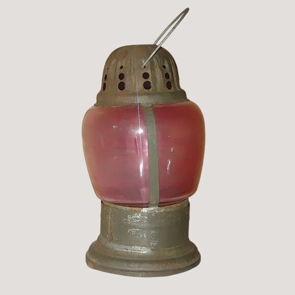 Antique Ice Skating Handheld Red Glass Metal Lantern Lamp Rustic Patina Small - Picture 12 of 13